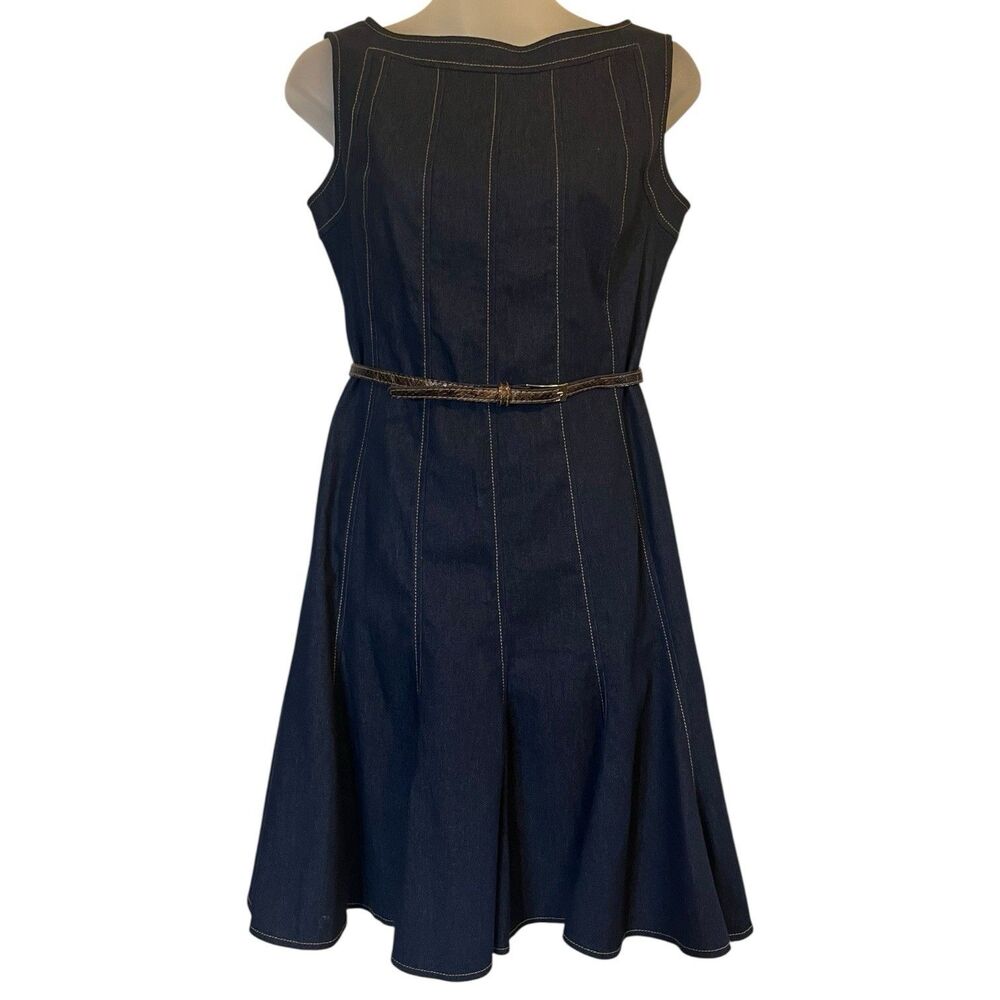 Sandra Darren Denim Fit Flare Dress Petite 4P Dark Wash Belted Workwear Chic - Picture 2 of 13